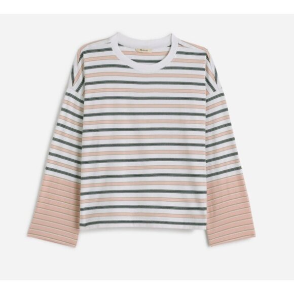 Madewell Easy Crewneck Long-Sleeve Tee Size Medium Stripe Pale Blush - Picture 1 of 12